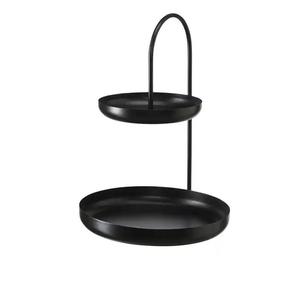 Estante de exhibición de 2 niveles de calidad superior, decoración de vajilla de Metal redonda, soporte multiusos de color negro con asa - Product Image 2