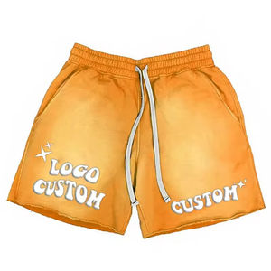 Vente en gros de shorts délavés pour homme de couleur orange unie personnalisés bouffées imprimées bords inférieurs plats avec string de marque délavé au soleil pour homme - Product Image 1