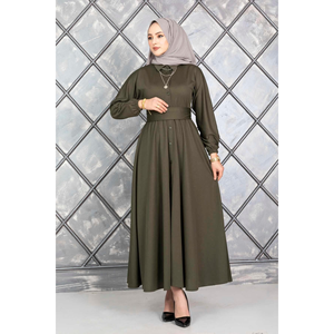 Vestido Hijab con cinturón abotonado caqui para niñas y damas, bata tradicional de lujo con opción de talla grande para el verano - Product Image 4
