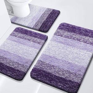 Ensemble de tapis de salle de bain Arotive en microfibre rayée antidérapante à 3 pièces, extra doux, absorbant, lavable en machine, design en forme de U, foncé - Product Image 1
