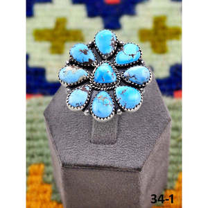 Bague ajustable en argent sterling plaqué or rose et turquoise, sertie clos, faite à la main, style Southwest Golden Hills, taille unique, cadeau - Product Image 4