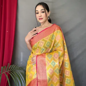 PURE TISSUE SILK SAREE WITH GOLD ZARI AND MULTI-COLORED WEAVING COMBINATION WITH RUNNING BLOUSE AND ELEGANT FLOWER SAREE