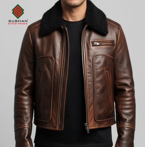 Blouson aviateur en cuir de vachette brun vieilli pour homme, col mandarin, fermeture éclair décontractée d'hiver, service OEM - Product Image 3