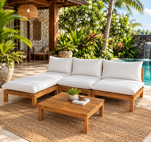 Low Profile Tropical Teak Wood <b>Corner</b> Sofa <b>Set</b> with Chaise Waterproof for Poolside Patio - Product Image 1