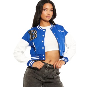 Veste de baseball en tricot pour femme, coupe courte, col montant, manches longues, broderie et décoration de lettres - Product Image 6