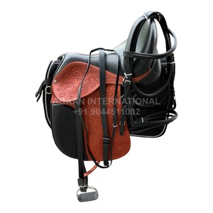 Selle en cuir sculptée Western Ensemble complet de selle d'équitation avec bride et étriers | Selle en cuir sculptée professionnelle - Product Image 1