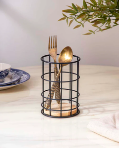 Organisateur de couverts rond en fer avec base en bois-Panier de rangement de comptoir avec drainage pour baguettes, fourchettes et cuillères - Product Image 2