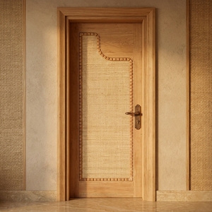 Porte intérieure traditionnelle en bois massif avec incrustation en rotin naturel et cadre décoratif pour chambre à coucher - Product Image 5