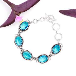 Pulsera de Cadena Fina Ajustable de Plata 925 Chapada en Rodio Hecha a Mano con Cuarzo Topacio Azul Tallado Ovalado para Bodas - Product Image 1