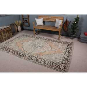 5.1x8.3 ft Rug, Vintage Turkish Rug, <b>Brown</b> Striped <b>Wool</b> Rug - Product Image 1