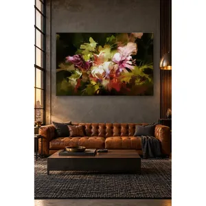 ช่อดอกไม้สีชมพูฟิดาบนพื้นหลังสีเขียวเข้มพิมพ์บนผ้าใบแบบนามธรรม - Product Image 2