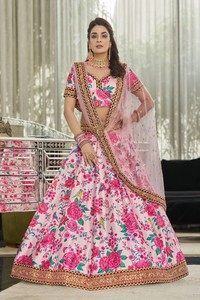 Elegante arte seda Lehenga con borde de encaje pesado Dori lentejuelas piedra rosa claro Floral impresión Digital para boda gran estilo - Product Image 4