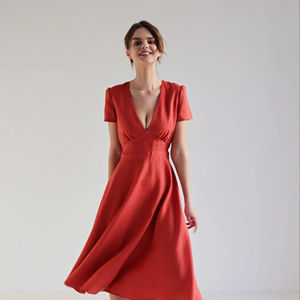 Robe magnifique, mode estivale, col en V, couleur rouge, fermeture éclair au dos, manches courtes, couleur unie, robe longue midi élégante, OEM ODM - Product Image 3