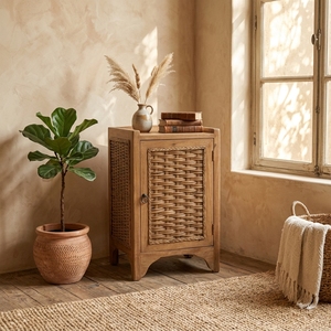 Table de chevet vintage multifonctionnelle en bois massif et rotin à 2 tiroirs, marron, pour chambre à coucher, salon, école, meubles - Product Image 3