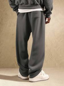 Pantalones de chándal de gran tamaño lavados para hombre, color gris liso, con cordón, cintura elástica, pierna ancha, ajuste relajado, pantalones de chándal de lana de gama alta - Product Image 3