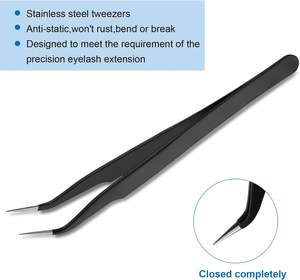 2 pièces de pinces d'extension de cils en acier inoxydable noir à pointe droite incurvée pour l'application de faux cils - Product Image 3