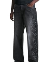 Jeans en denim à jambe large pour homme, noir et gris délavé, taille haute, coupe ample, streetwear, motif de flamme brodé, fabricant OEM personnalisé