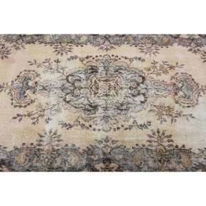 Alfombra turca clásica vintage beige marrón 3,7x6,7 pies lana hecha a mano con respaldo de látex patrón de retazos rectangulares para cabecera - Product Image 5