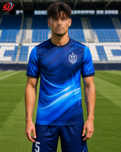 Maillot de football personnalisé par sublimation, motif vague bleue, impression nom et numéro d'équipe, polyester à séchage rapide, vente en gros OEM - Product Image 5
