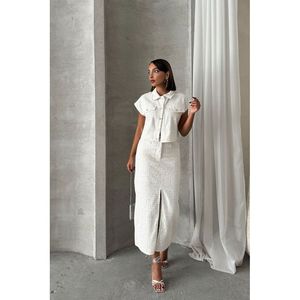 Wholesale TOPSHOW Women's <b>Sequined</b> White Denim <b>Skirt</b> with Lace Detail, Cotton Polyester Blend Fabric for Casual Wear - Product Image 3
