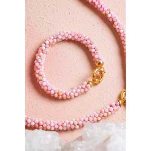 Ensemble d'opale rose tricoté à la main certifié avec fermoir en argent, collier 48 cm, bracelet 19 cm - Product Image 1