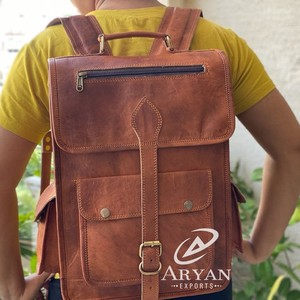 Sac à dos marron en cuir véritable pour femme, sacoche fait main en cuir de chèvre, unisexe, 11x15 pouces, - Product Image 1