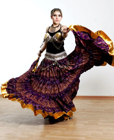 Jupe bohème tribale fusion faite à la main pour femmes, lehenga de danse bohème lourd avec bordure dorée, imprimé multi-couches