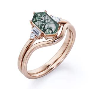 Anillos de Plata de Ley 925 Shama Gems Jewels, Hexagonales, con Ágata Musgosa y Circonita, Joyería de Lujo para Boda y Compromiso, Chapados en Oro de 18K - Product Image 6