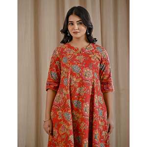 Red Jaal Printed Cotton Suit Set Heavy Indian Ethnic Wear Salwar Kameez with <b>Net</b> <b>Fabric</b> for Parties and Special Occasions - Product Image 1