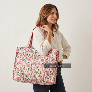 Bolso Tote de Algodón Acolchado con Estampado a Mano de Jaipur, Grande, Rosa Floral, Bolso de Playa para Mujer - Product Image 2