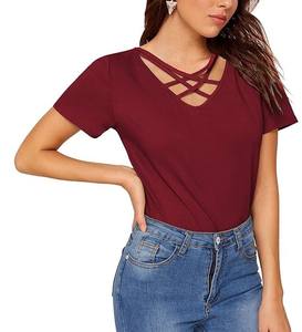 Suministro de fábrica, peso ligero, liso, elegante, personalizado, color, Cruz, cuello en V, Camiseta de algodón para mujer - Product Image 2