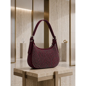 Bolso de Mano y Hombro de Cuero Borgoña con Detalle de Pedrería, Elegante Accesorio de Cuero con Trabajo en Piedra - Product Image 1