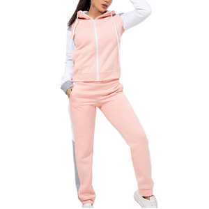 65% Cotton 35% Polyester Racing White & Pink Color Athletics Club Full <b>Zip</b> <b>Hood</b> Women's Cropped Tracksuit Breathable - Product Image 5