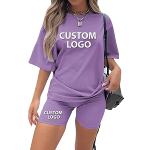 Haute qualité femmes Shorts et t-shirt ensemble été chaud Logo personnalisé coton à manches courtes survêtement solide motif respirant - Product Image 1