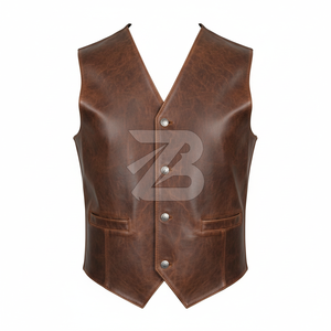 Chaleco de Cuero Genuino para Hombre al por Mayor, Cuello en V, Cierre Frontal con Cremallera, Estilo Biker Minimalista, Marca Privada OEM - Product Image 4
