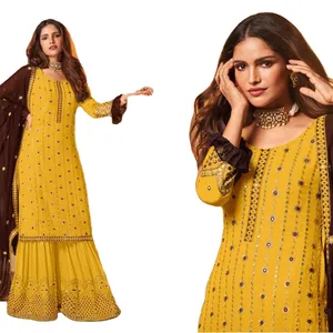 Schöne lange Chiffon Sharara mit Rundhals ausschnitt Designer Phantasie Lucknow Stil Georgette Kurti mit Patiyala 2023