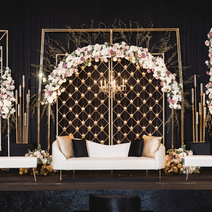 Paneles de velas imperiales para decoración de escenarios de recepción, compra un telón de fondo de velas para escenario con temática de velas, decoración de escenario moderna y lujosa con velas metálicas para bodas - Product Image 6