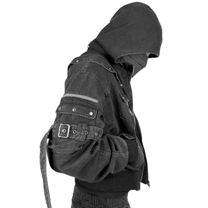 Techwear-Chaqueta vaquera con capucha para hombre, sudadera con capucha, holgada, con cremallera, boxy, recortada, vintage - Product Image 3