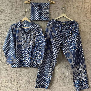 Hot Selling Comfortable Breathable Blue Patchwork Cotton <b>Pajama</b> Set for Adults Thermal Sleepwear for Home Hotel for Daily Summer - Product Image 1