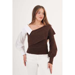 Conjunto de Suéter Color Café para Mujer, Mitad Camisa, Mitad Tejido, Disponible para Venta al Por Mayor - Product Image 4