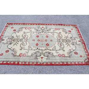 Alfombra Vintage, Alfombra Turca de 3.9x6.5 pies, Alfombra de Lana con Diseño Floral Rojo y Gris - Product Image 3
