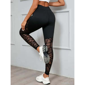 Leggings de Mujer con Cintura Alta, Diseño Geométrico y Detalle de Malla, 30291 - Negro - Product Image 3