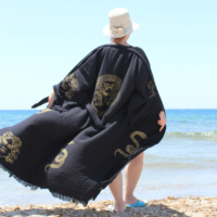 Caftan turc 100% coton teinture naturelle longue robe de chambre noire pour la maison, l'hôtel, le spa, la plage, imprimé pierre, grande taille, idéal pour les voyages