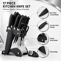 Ensemble de 17 couteaux de cuisine noirs avec revêtement antiadhésif, ensemble de couteaux de chef professionnels, design ambidextre avec boîte cadeau, vente en gros