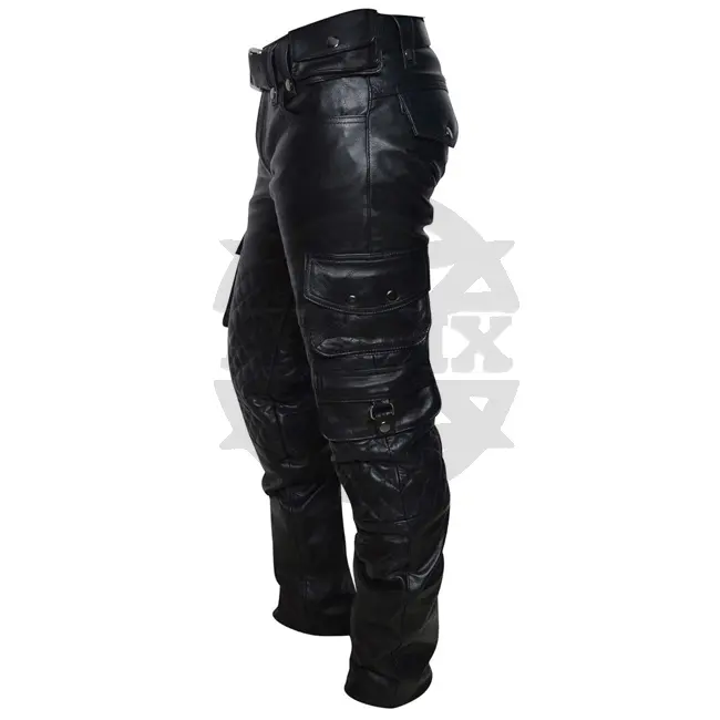 2023 New Fashions Men Biker Trousers Genuine Leather Quilted Cargo Multi Pockets Black Motorcycle Pants