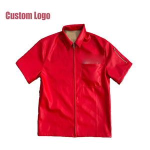 Chemise OEM personnalisée de haute qualité en cuir Pu avec fermeture éclair pour hommes, chemise brodée personnalisée à manches courtes avec poche poitrine en faux cuir - Product Image 4