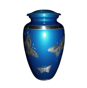 Urne funéraire décorative en métal de luxe pour adulte, fabriquée à la main avec une finition texturée bleue et une bande argentée gravée personnalisée. - Product Image 6