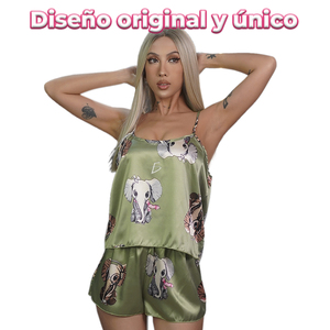 Pijamas de Satén con Estampado de Elefantes para Mujer, Diseño Floral Transpirable, Cierre con Botones y Cintura Elástica, Talla XL, Sin Mangas - Product Image 3
