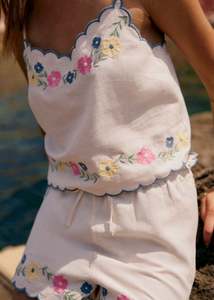 Sólido festoneado borde Cami Top rodilla pantalones cortos Mujer verano Loungewear traje Vintage bordado decoración 100% algodón transpirable - Product Image 4