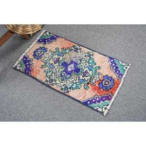 Alfombra Turca Vintage de Lana Azul, 1.4x2.5 pies (42x76 cm) - Product Image 1